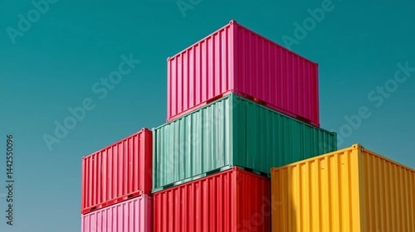 Fototapeta Vibrant Stack of Colorful Shipping Containers Against a Teal Sky. A bold, modern image.