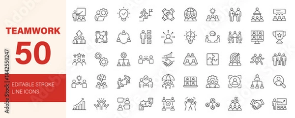Fototapeta Teamwork icon set. Business related line icons: meeting, cooperation, support, collaboration, partnership, society, workshop, work group, human resource and more. Editable stroke. Vector illustration.