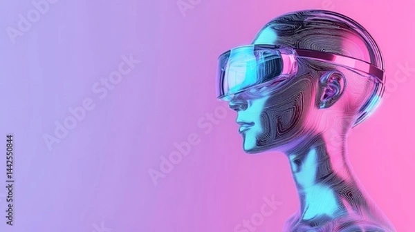 Fototapeta An engineer is wearing virtual reality goggles that have a digital grid and a holographic interface overlay