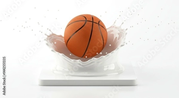 Fototapeta High-Resolution Vibrant Orange Basketball Splashing Into Creamy White Liquid on a Sleek Minimalist Pedestal