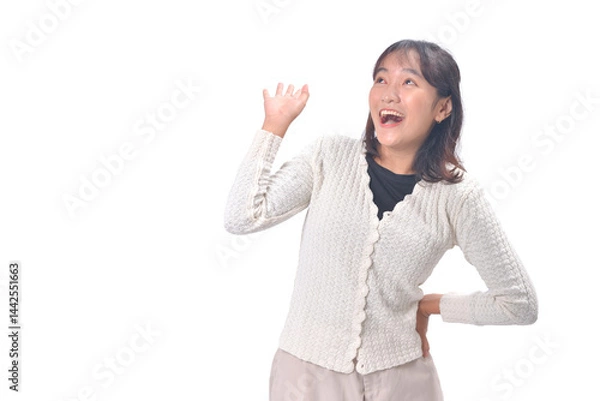 Fototapeta Cheerful Woman Smiling with Hand Gesture