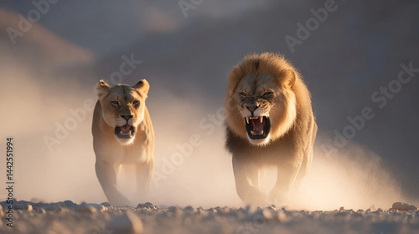 Fototapeta Angry lions roaring running wildlife photography big cats safari animal behavior predator hunting nature photo 100
