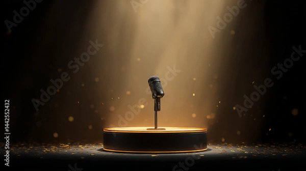 Fototapeta Microphone on stage spotlight background for music event concert performance and entertainment concept