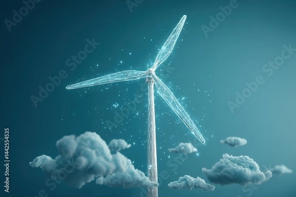 Fototapeta Wind turbine with a digital glowing design against a teal cloudy background