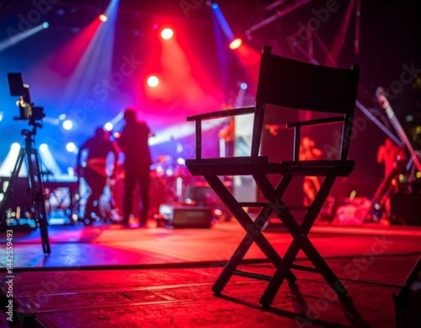 Fototapeta Director's chair on stage during a concert; red and blue stage lights.