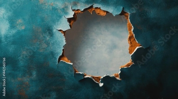 Fototapeta A striking hole in a turquoise wall exposes a gray sky, showcasing the contrast between nature and urban design aesthetics