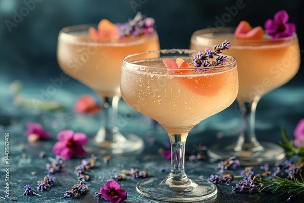 Fototapeta Refreshing cocktails garnished with lavender and peach slices