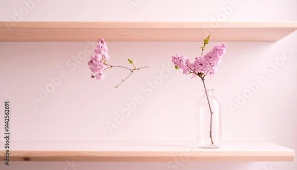 Fototapeta 美しい花を飾る、シンプルでミニマルな棚のある部屋