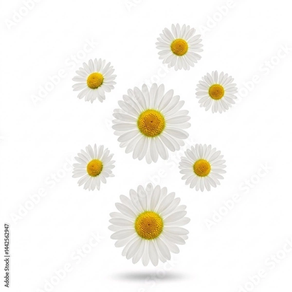 Fototapeta Seven white daisies with yellow centers arranged on a white background with a subtle shadow