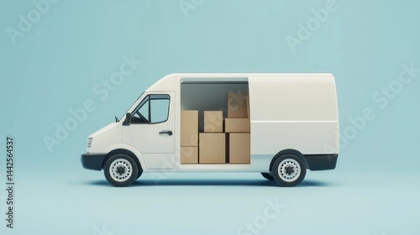Obraz White 3D vector delivery van with visible cargo boxes inside, representing smooth logistics and fast online shopping deliveries