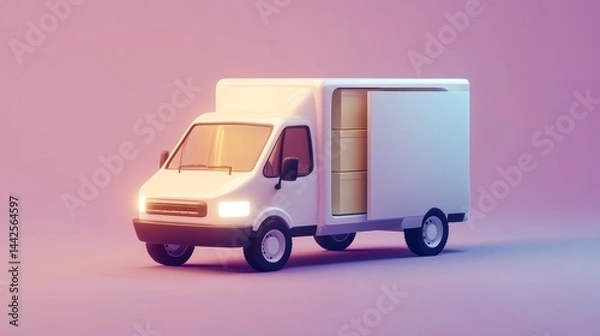 Obraz White 3D vector delivery van with visible cargo boxes inside, representing smooth logistics and fast online shopping deliveries