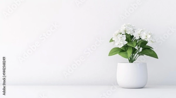 Fototapeta A white flower arrangement in a minimalist ceramic pot placed on a clean white shelf, elegant home decor with green leaves, and serene indoor setting.