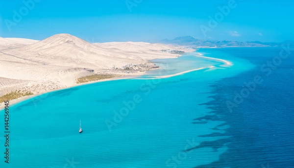 Obraz Stunning high aspect aerial panoramic view of the beautiful tropical looking beach, lagoon and sand dunes at Sotavento Risco del Paso beach near Costa Calma on Fuerteventura Canary Islands Spain