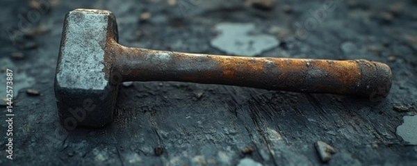 Fototapeta Rusty sledgehammer on a weathered surface