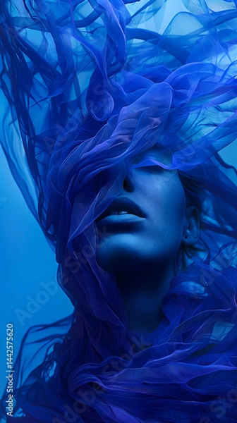Fototapeta Abstract Surreal Portrait with Aura Indigo Veil Concealing Face and Form

