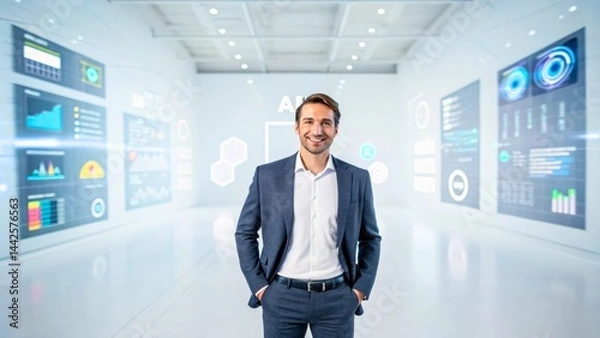 Fototapeta Confident Businessman in Modern Office Space with Digital Analytics Display