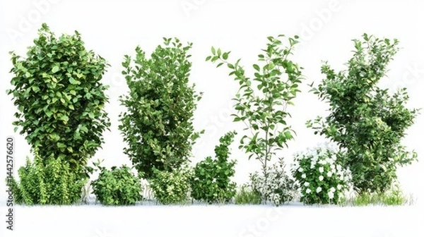 Obraz Set of tall garden bushes with thick, dark green leaves and small, white flowers on a white background.