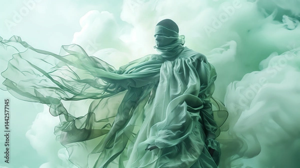 Fototapeta Futuristic Surreal Fashion with Dill Green Flowing Cape and Cloud Textures

