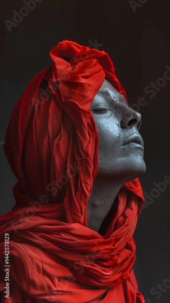 Fototapeta Sculptural Headshot with Cherry Red Hood and Surreal Backdrop

