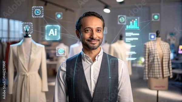 Fototapeta Professional male in modern fashion studio surrounded by artificial intelligence technology