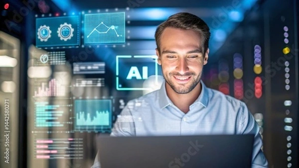 Fototapeta Professional man using laptop with AI graphics in modern data center environment
