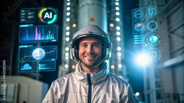 Fototapeta Smiling Astronaut in Space Suit with Futuristic Technology and Rocket in Background