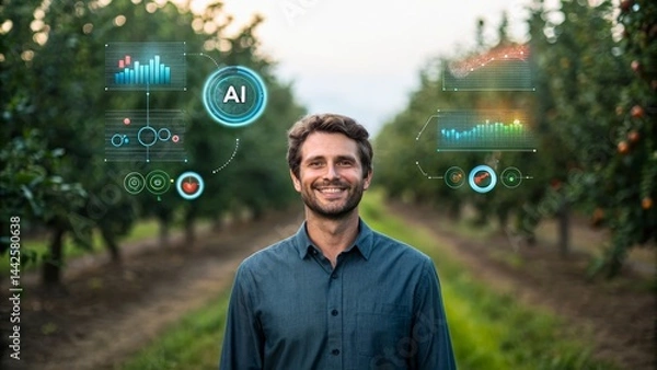 Fototapeta Smiling Man in Orchard Showcasing AI Technology for Agriculture Insights and Data Analysis