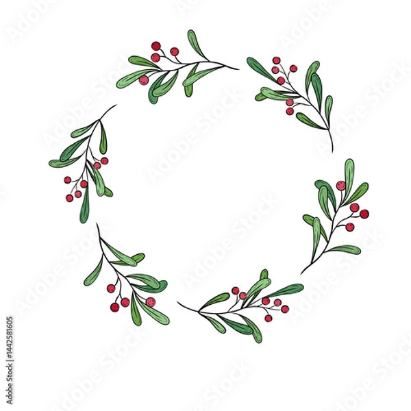 Fototapeta Vector round frame with twigs and red berries. New Year and Christmas card with place for text. Lingonberry berries and greens, plant branches, botanical illustration.