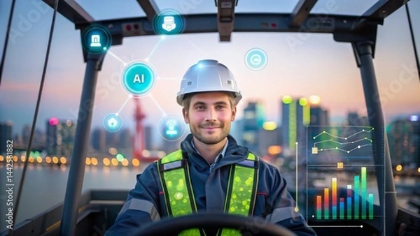 Fototapeta Professional Worker with Technology Interfaces in Modern Urban Environment at Dusk
