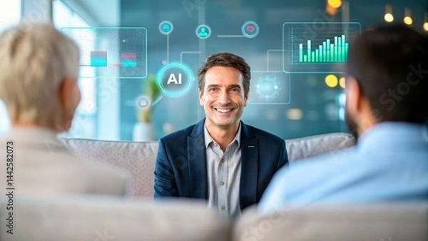 Fototapeta Professional Meeting with Businessman Showcasing Artificial Intelligence Analytics Tools