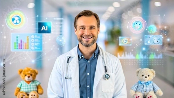Fototapeta Doctor with AI Technology and Teddy Bears in Hospital Setting for Health and Care Solutions