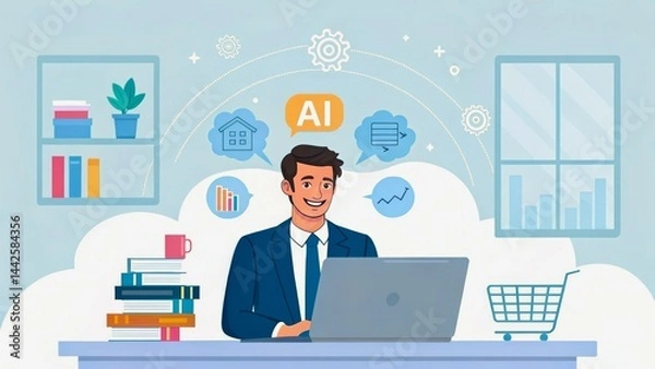 Fototapeta Businessman Using Laptop in Modern Office with AI and Graphs Illustrations