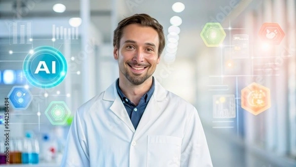 Fototapeta Smiling Male Scientist in Lab Coat with AI Technology and Data Visualization in Background
