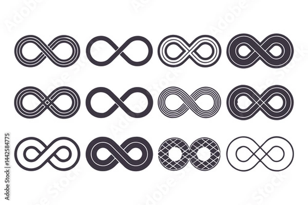 Fototapeta Infinity Symbols Vector Collection. Black Infinity Illustrations on White Background in Classic, Minimal, and Artistic Styles for Logos, Branding, and Math Concepts