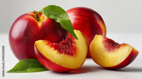 Fototapeta Whole Nectarine and Sliced Segments in a Natural Display