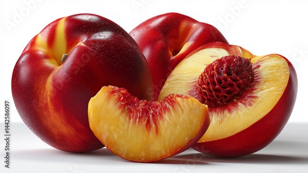 Fototapeta Ripe and Vibrant: Nectarine with Its Segments Arranged Nearby
