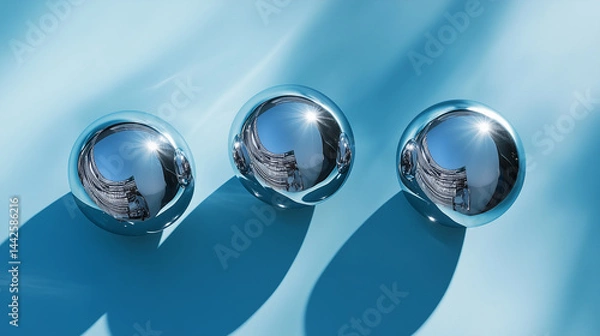 Fototapeta Abstract Elegance: Three Chrome Spheres with Reflections on Blue