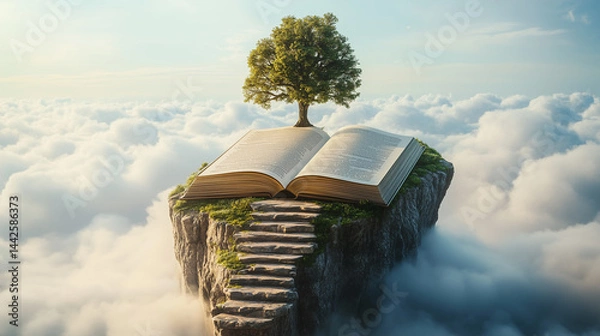 Fototapeta The Path to Learning: Stairs Rising from an Open Book