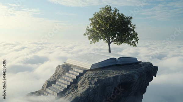 Fototapeta Climb to Wisdom: Open Book with Stairs Ascending from Its Pages