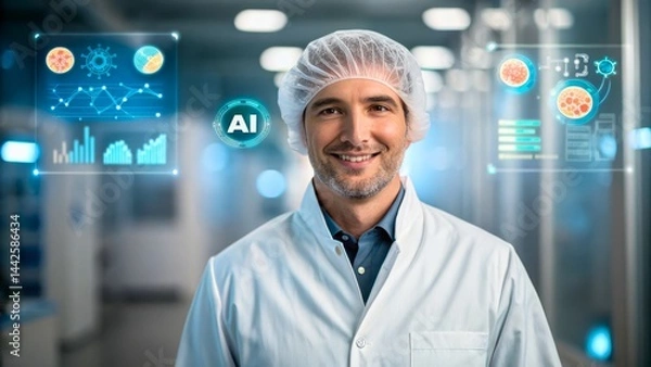 Fototapeta Smiling Scientist in Laboratory with AI Technology and Data Visualization Background