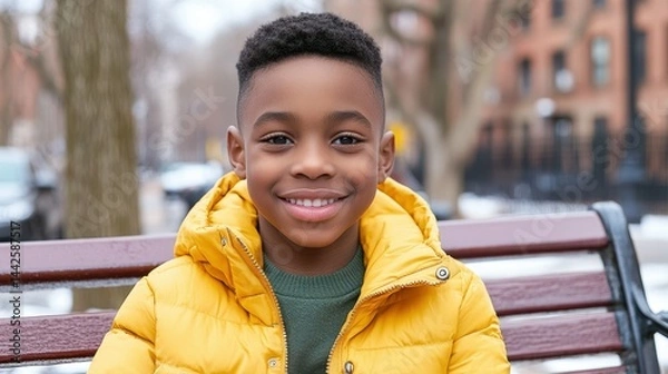 Fototapeta A young boy is sitting on a bench wearing a yellow jacket. He is smiling and looking at the camera