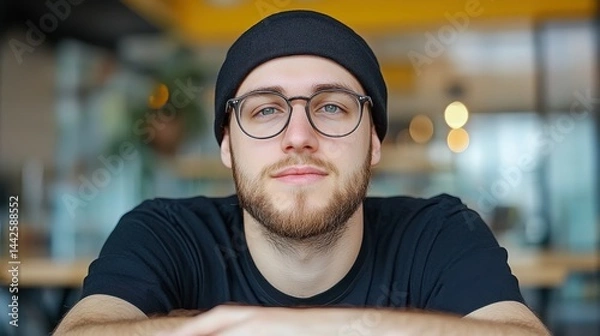 Fototapeta A man wearing a black hat and glasses is sitting at a table. He is smiling and looking at the camera