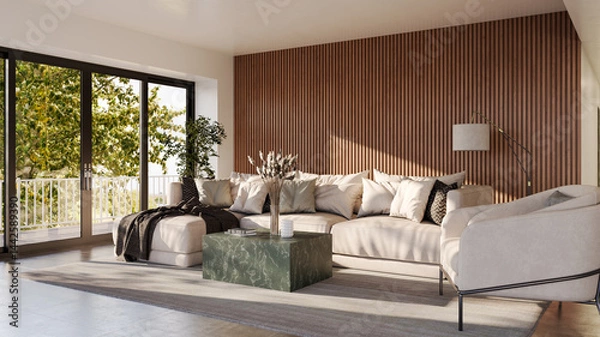 Fototapeta Large luxury modern bright interiors Living room mockup illustration 3D rendering image