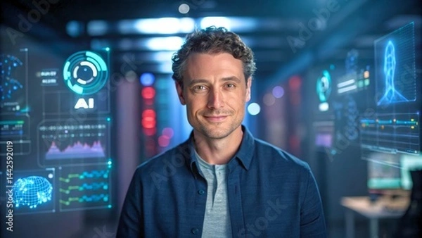 Fototapeta Confident Young Man in Modern Workspace with AI Technology Visualizations Surrounding Him