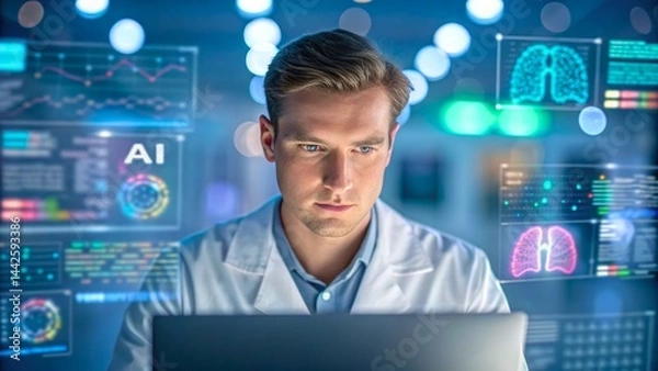 Fototapeta Medical Professional Analyzing Data with AI Technology in Modern Healthcare Setting