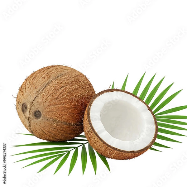 Obraz Close-Up of Whole and Halved Coconuts with Green Leaves on White Background