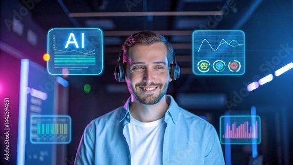 Fototapeta Smiling Man with Headphones Engaged in AI and Data Analysis in a Modern Environment