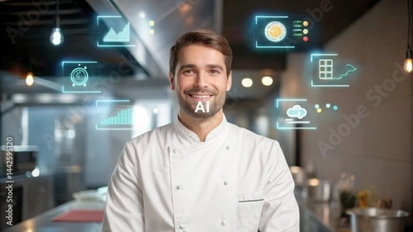 Fototapeta Smiling Male Chef in Modern Kitchen with AI Technology and Graphical User Interfaces