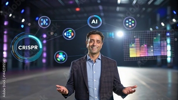 Fototapeta Scientist Presenting CRISPR Technology and AI Innovations in Modern Conference Setting