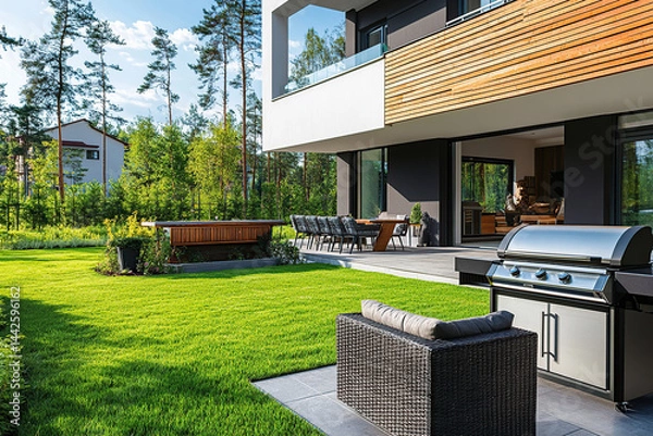 Fototapeta Backyard barbecue area with grill, seating, and lush green lawn in tranquil setting